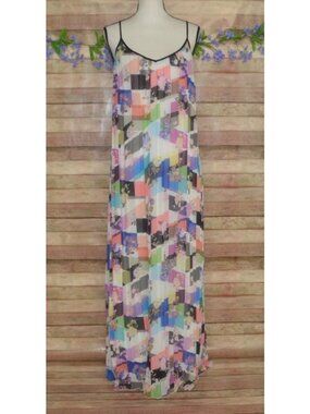 BAR III Pleated Maxi Dress Size S Floral Multicolor Patchwork Sleeveless Flowy